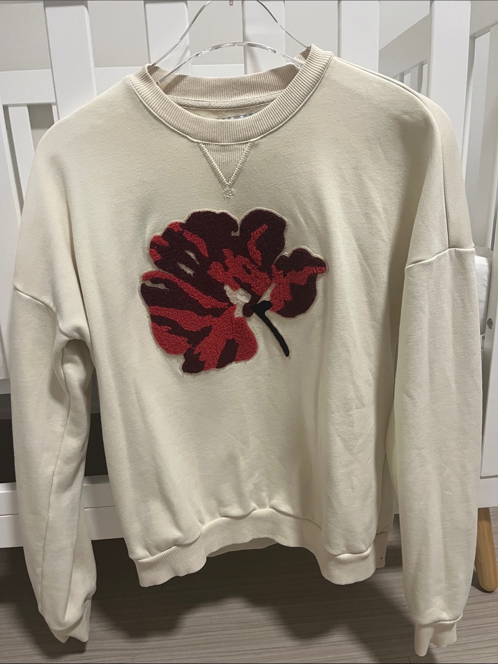 Pierre Balmain Cream Crewneck Sweatshirt with Red Floral Appliqué